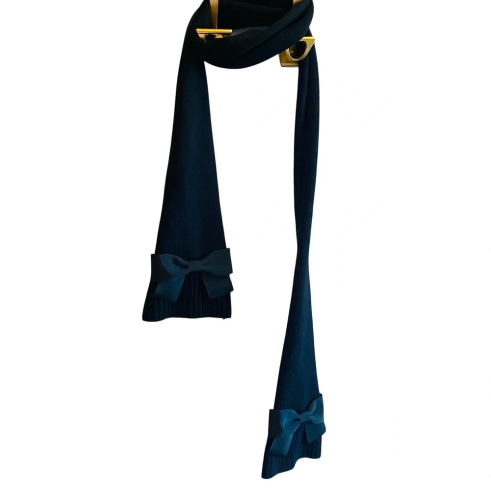 KATE SPADE Black Grosgrain Bow Knit Long Scarf